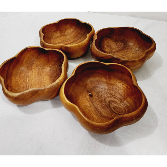 4x Dolphin Ginuwine Monkey Pod Wood Salad Serving Bowl Set Mid-Century Scalloped - Picture 4 of 14